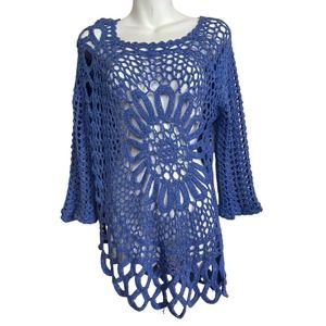 Boston Proper Crochet Open Knit Daring Sweater Blue Silver Metallic Size M